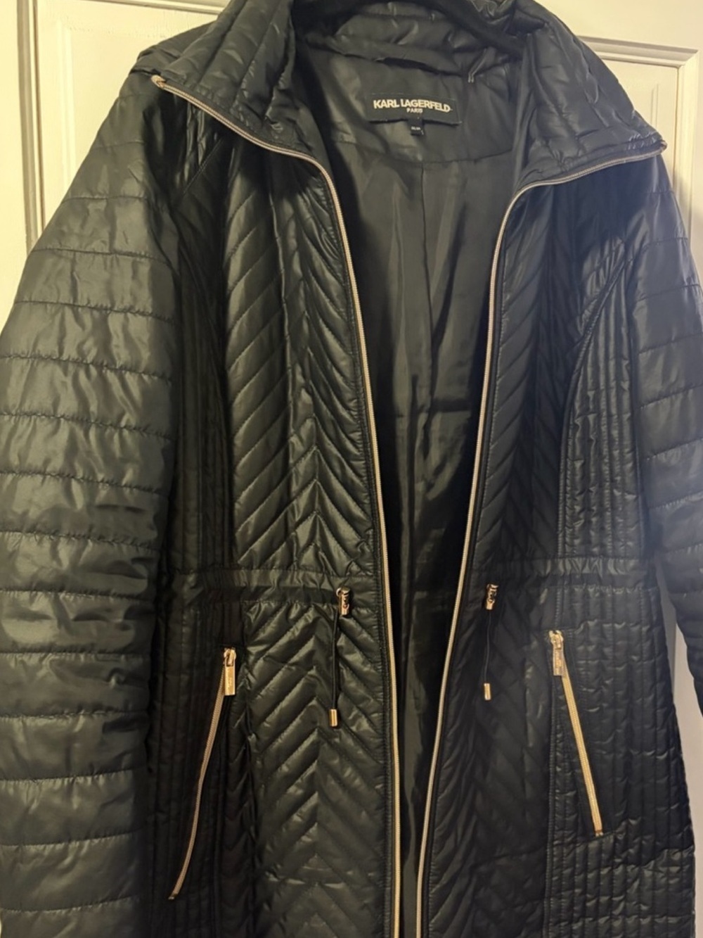 Karl Lagerfeld Women's Black Quilted Puffer Coat with Gold Zippers. Expensive.
